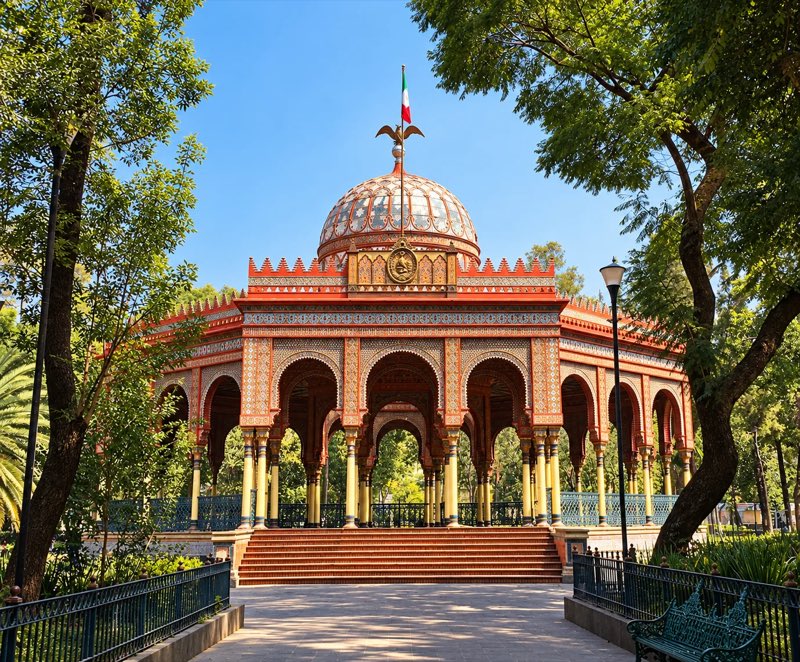 The Moorish Kiosk of Santa María la Ribera, with its dome and arches among the trees of the Alameda